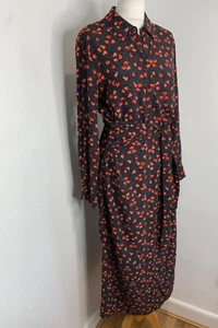 Vestido Camisa Midi Estampado Patrón ZARA M EN MUY BUENA CONDICIÓN Botón Frontal Corbata Cintura Floral Negro - Imagen 1 de 10