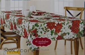 St Nicholas Square Christmas Poinsettia Print 60x84 Oblong Tablecloth NIP - Picture 1 of 2