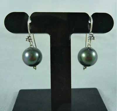 NEW UNUSED STG SILVER 12 MM BLACK/GREEN SHELL PEARL DROP EARRINGS ST #17614 - Image 1 of 4