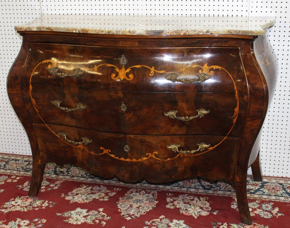 古董乡村法国 Burl 核桃大理石上衣孟买控制台入口箱 C1890 — 第 1/4 张图片