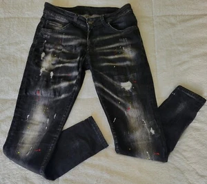 Dsquared2 Black Skinny Jean Distressed Paint Splatter Button Fly Size 42 Italy - Picture 1 of 12