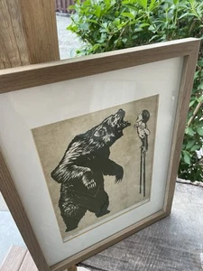 15x12 Framed Silk Screen Print Wall Art Grizzly Bear/Young Boy On Stilts Signed - Picture 1 of 9