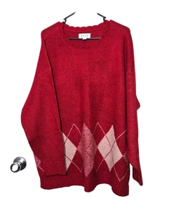 ELLE Sweater XXL Red Metallic Argyle Stretch Scallop Hem Pullover Classic Casual - Picture 1 of 13