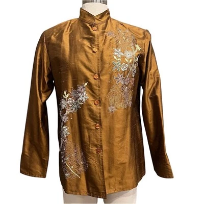 Camisa Coldwater Creek Seda Bordada Floral Abotonada Cobre Bronce Metálica M Foto 1 de 4