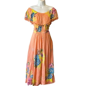 Farm Rio Off the shoulder Pom pom Maxi dress M Orange tropical floral Vacation - Picture 1 of 9