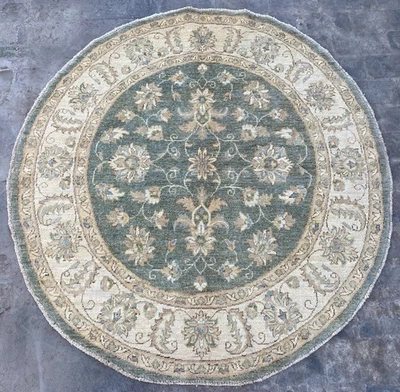 5x5 Faded Green Beige Ziegler Afghan Round Rug Handmade Turkish Serapi Wool Rug - Image 1 of 4