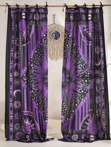 Boho Sun Moon Tapestry Curtains Purple Black Celestial Window 2 Panel Drapes - Picture 1 of 10