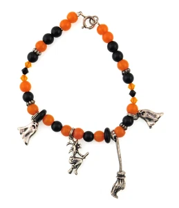 Halloween Theme Black Orange Beaded Charm Bracelet 925 Silver Ghost Witch Broom - Picture 1 of 7