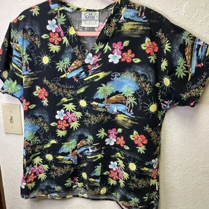 Crest Tropical Paradise Dream V-Neck Women’s Medical Scrub Top XS Vivid Flowers - Picture 1 of 9