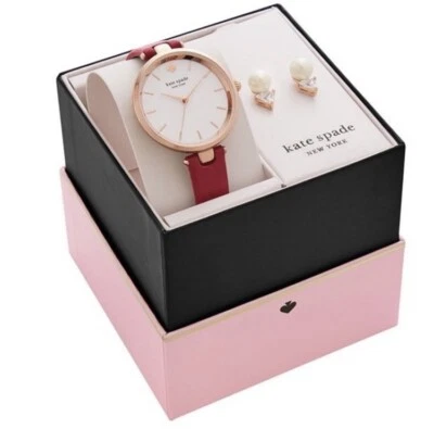 KATE SPADE Rose Gold Leather StrapWater Resistance Watch Pearl EarringsSet NWT - Image 1 of 4
