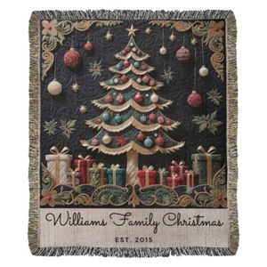 Custom Family Name Christmas Tree Woven Blanket Throw Tapestry Keepsake Gift - Picture 1 of 12