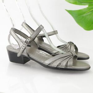SAS Women's Sandal Size 9.5 Low Block Heel Silver Leather Dress Shoe Ankle Strap