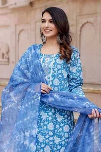 Hermoso kurti estampado azul algodón mujer indio con pintura con juego dupatta - Imagen 1 de 9