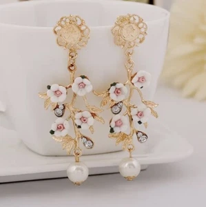 Flower Pearl Earrings Museum Floral Zara Gold White Leaf Garland CZ Floral Y2K - Picture 1 of 5