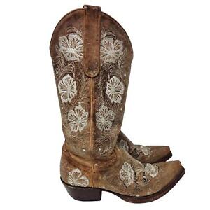 Old Gringo Brown Tan Floral Embroidered Leather Pointed Toe Cowboy Boot Size 6 B