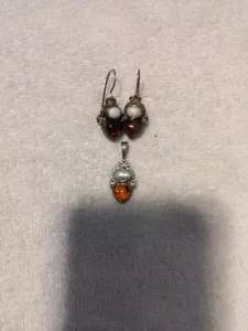 Vintage .925 Sterling Silver Simulated Amber And Pearl Earrings And Necklace - Picture 1 of 3