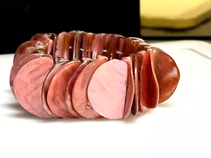 Vintage Bracelet Abalone Paua Shell Pink Elastic Band Wide 90.23g - Picture 1 of 6