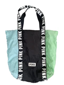 New Victoria’s Secret PINK Lightweight Colorblock Tote Bag Blue Green Nylon Book - Picture 1 of 4