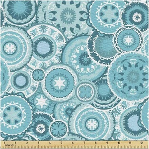 Turquoise White Aqua Fabric: Hippie Floral Leaves Rounds - - Picture 1 of 7