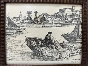 Boceto a pluma y tinta Ray Evans 1974 vintage firmado y numerado impresión Gaeta Mallorca - Imagen 1 de 6