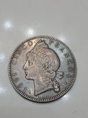 REPÚBLICA DOMINICANA 1891 MONEDA DE 5 FRANCOS / 5 FRANCOS ¡CORONA DE PLATA .900! ¡Muy RRR! Foto 1 de 4