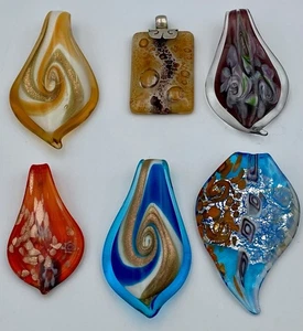 Glass Blown Leaf Pendant For Jewelry Making Multi Color Lot Of 6 - Picture 1 of 12