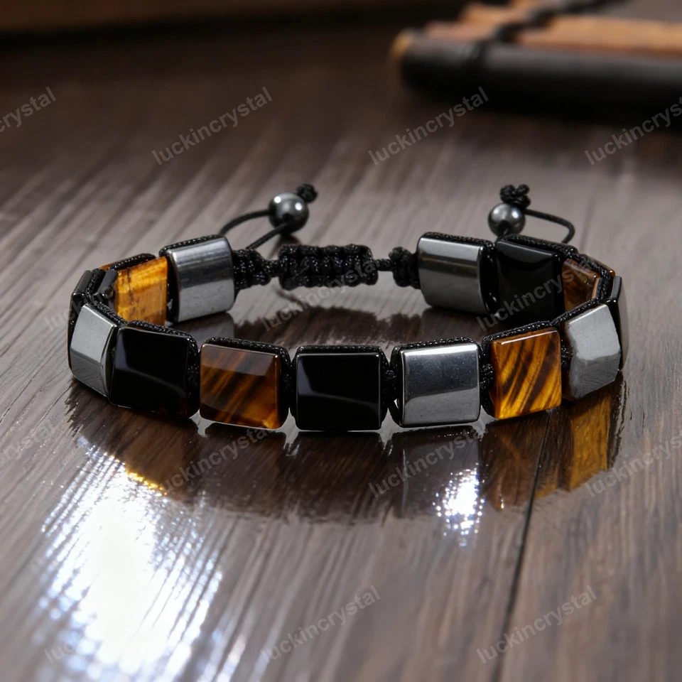 Pulseira masculina natural olho de tigre hematita preta obsidiana proteção tripla frisada - Imagem 1 de 2
