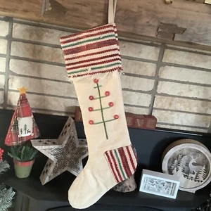 Button Burlap Christmas Tree Stocking Sequins Red Beige Folk Rustic Country Jute - Picture 1 of 3