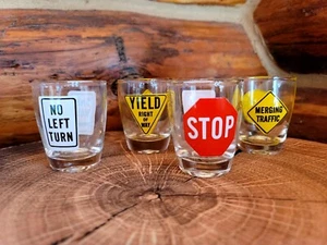 Vintage Anchor Hocking Collectible Traffic Road Signs Shot Glasses Set of 4 - Picture 1 of 5
