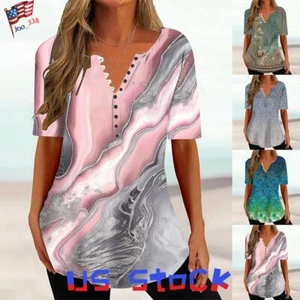 Women's Print V Neck Tunic Top Short Sleeve Casual Loose Blouse Tops T-Shirt - Picture 1 of 18