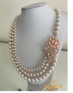 Bridal Stunning Glass Pearl 3 Strand Necklace Side Brooch Antique White,Wedding - Picture 1 of 8