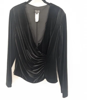 Xscape Vintage Blouse Womens 12 Black Velvet Ruched Faux Wrap Top Whimsigoth - Image 1 of 4