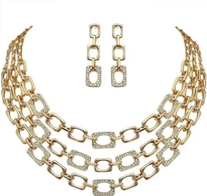 Gold & Strass kleines quadratisches Halskette & Ohrringe Modeschmuck Set, NEU - Bild 1 von 3