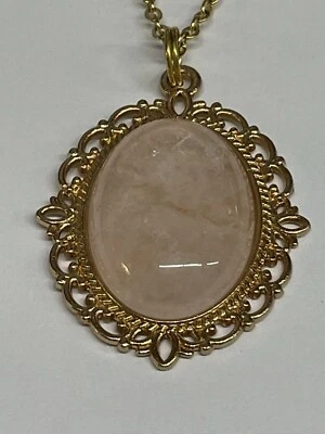 玫瑰石英粉色椭圆形宝石金项链 24 英寸链全不锈钢新品 — 第 1/4 张图片