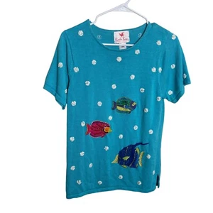 Quacker Factory Sweater Women's XS Blue Fish Rhinestone Art To Wear Ocean Knit - Picture 1 of 7