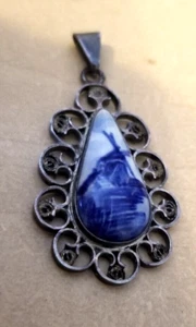 Vintage Signed Teardrop Filigree Pendant Silver Delft Holland - Picture 1 of 2