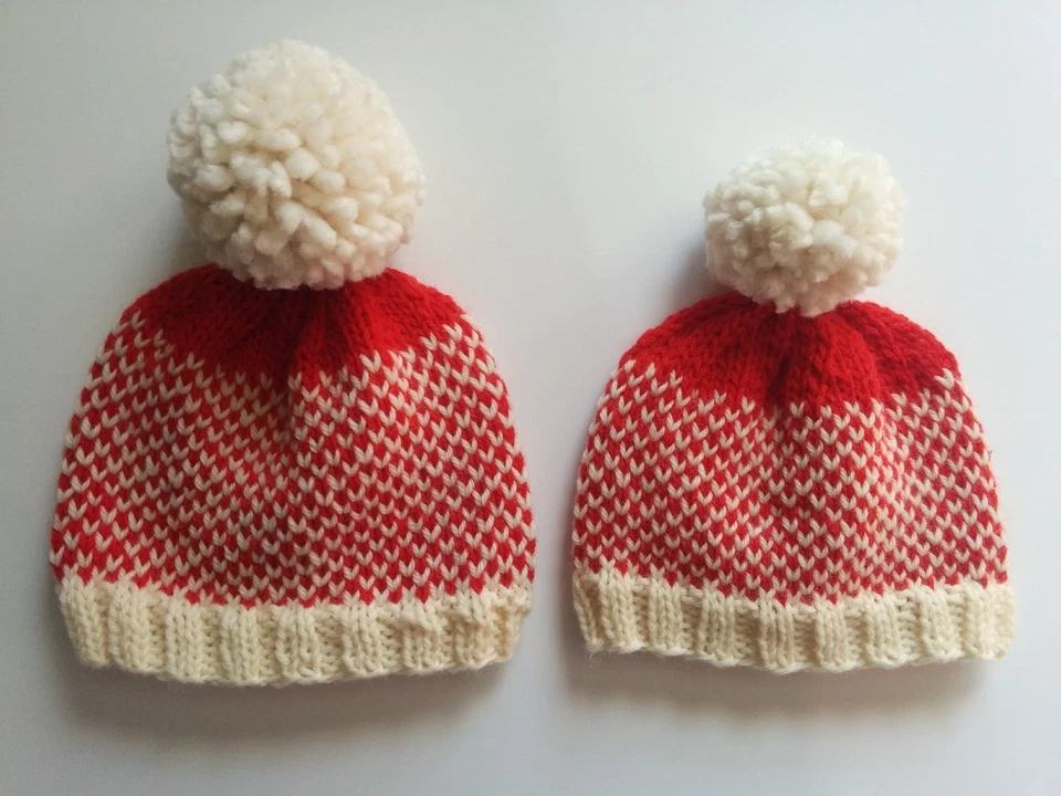 Hand Knit Peruvian Wool Fair Isle Hats Baby Newborn 0-3 & 3-6 months Red & Cream - Image 1 of 1
