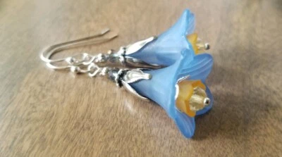 Blue Flower dangle Earrings silver large Handmade Statement Floral czech glass - Image 1 of 4
