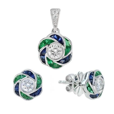Juego de joyas colgantes y pendientes de zafiro esmeralda diamante natural de oro blanco de 14K Foto 1 de 4