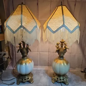 Lamp Set Cherub Angel Vtg Industries Leviton 1970 Gold White Mcm Glass - Picture 1 of 22