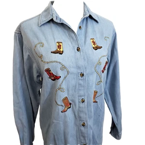 Vintage 90s Gordon James Denim Shirt Embroidered Cowboy Boots Cowgirlcore Size S - Picture 1 of 9