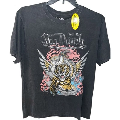 Von Dutch T-shirt Mens Large Black Vintage Style Wash Rhinestone Logo Snake  New - Image 1 of 4
