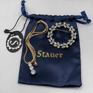 New VTG Stauer 3 Stone 1/20 12k Gold Necklace Pendant Cubic Zirconia Brooch Set - Picture 1 of 10