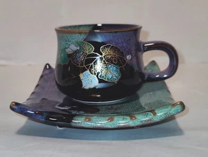 Kutani Ware Tea Cup Saucer Small Black Green Blue Botanical Japan - Picture 1 of 12