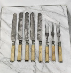 Antique 1800s Meriden Cutlery Flatware Bone Handle (8) Forks Knives Civil War - Picture 1 of 10