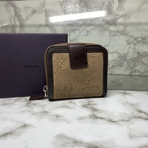 PRADA  Bifold Wallet canvas leather brown logo excellent gift F/S - Picture 1 of 11