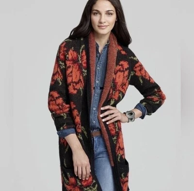Suéter Free People Mujer Pequeño Negro Floral Largo Cárdigan Mezcla Alpaca Boho Foto 1 de 4