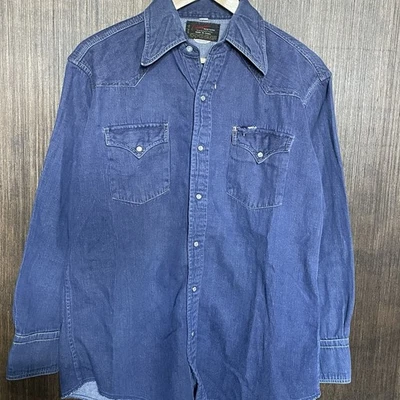VTG 70s Champion Blue Cotton DENIM Flannel Cowboy Western PEARL SNAP Shirt 16 - Image 1 of 4