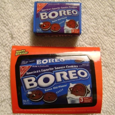 1.25" Wacky Packages Boreo Oreo Cookies Eraser & Sticker Card Topps 2011 - Image 1 of 3
