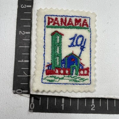 Vtg PANAMA 10¢ Postage Stamp Theme Felt Patch (w/ GREEN Tower) 00Y5 Foto 1 de 2